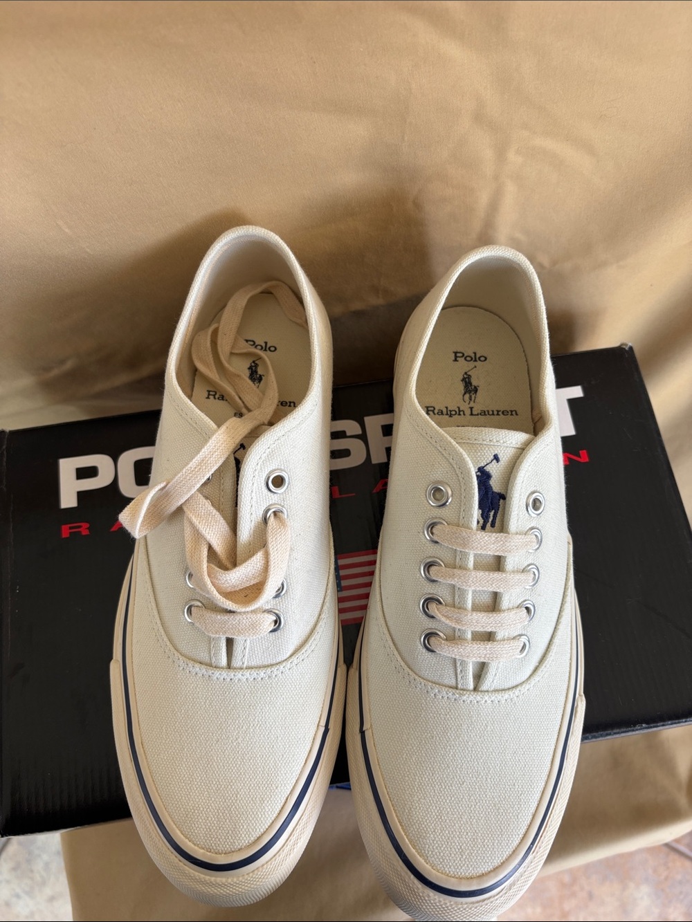 Polo by Ralph Lauren Cream Canvas Low-Top Sneakers with Navy Logo